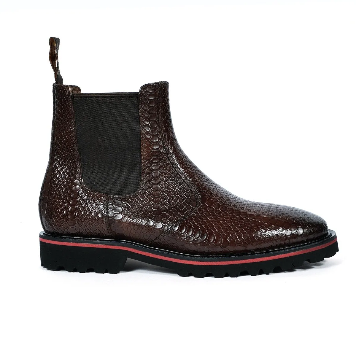 Chunky Sole Chelsea Boot in Light Weight with dark Brown Snake Skin Textured Leather