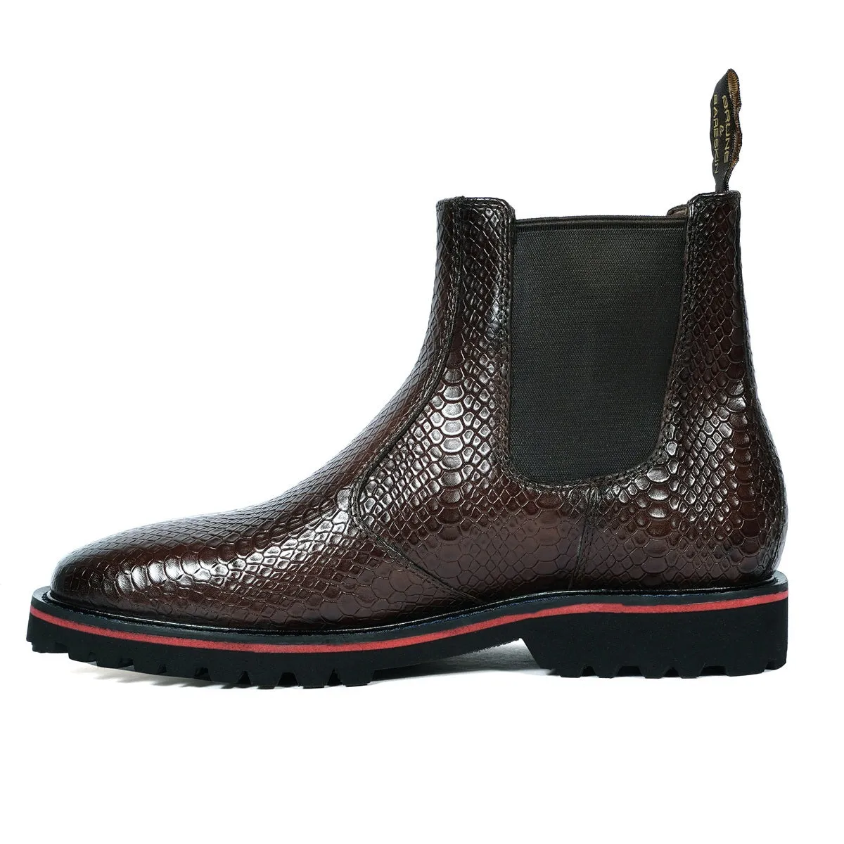 Chunky Sole Chelsea Boot in Light Weight with dark Brown Snake Skin Textured Leather