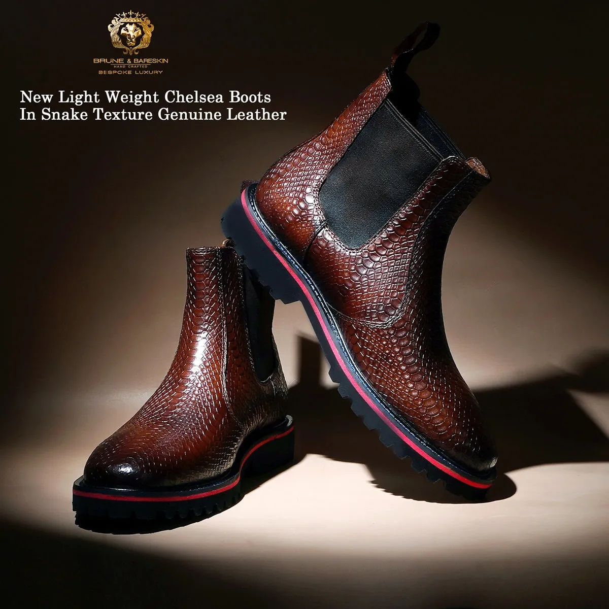 Chunky Sole Chelsea Boot in Light Weight with dark Brown Snake Skin Textured Leather