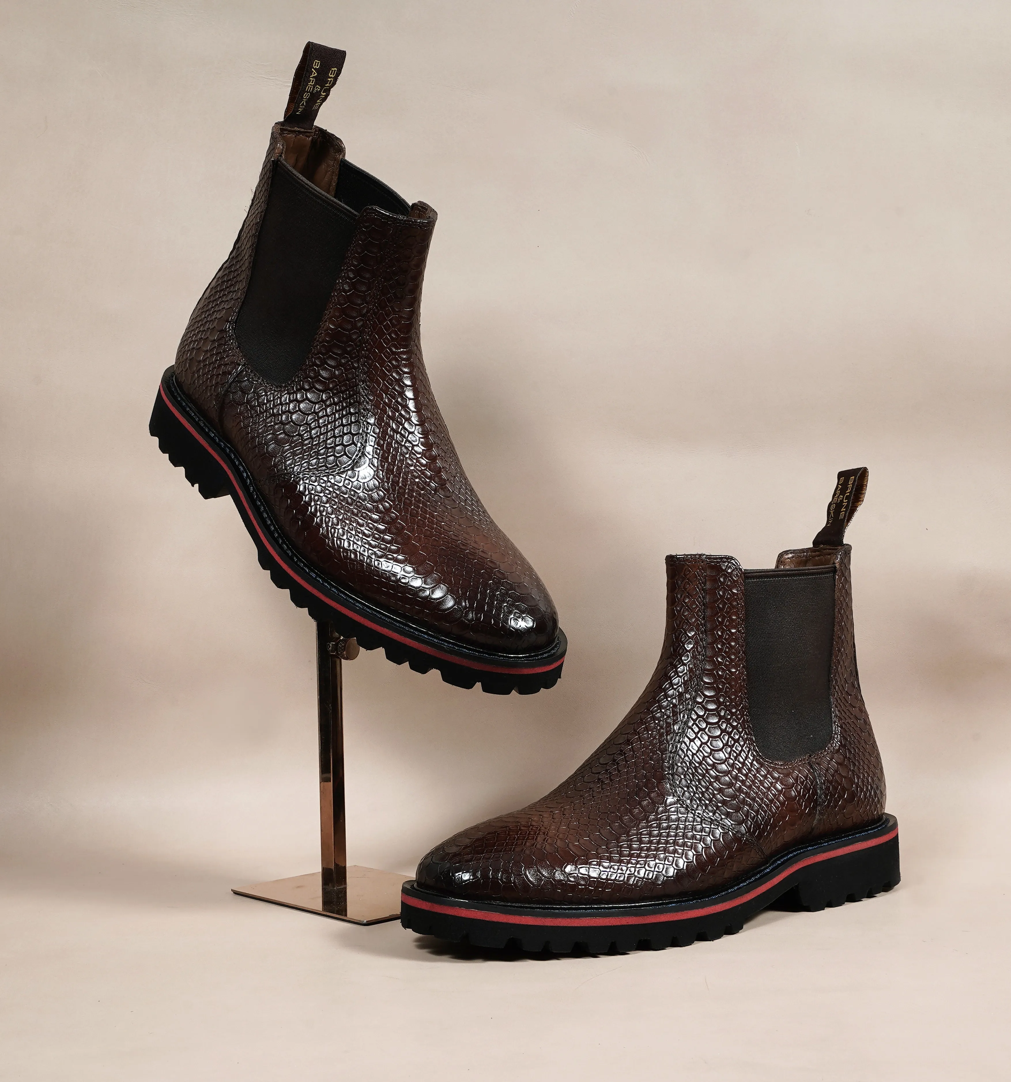 Chunky Sole Chelsea Boot in Light Weight with dark Brown Snake Skin Textured Leather