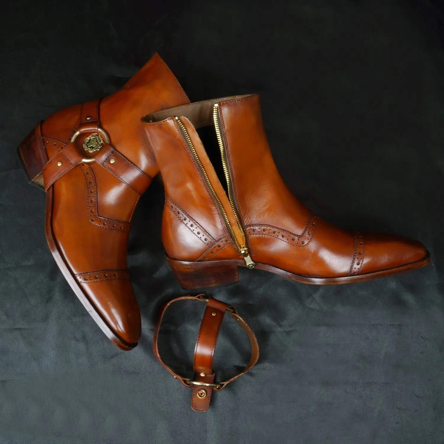 Circular Buckle Metal Lion Punching Brogue Cuban Heel With Adjustable Strap Men's Boot By Brune & Bareskin