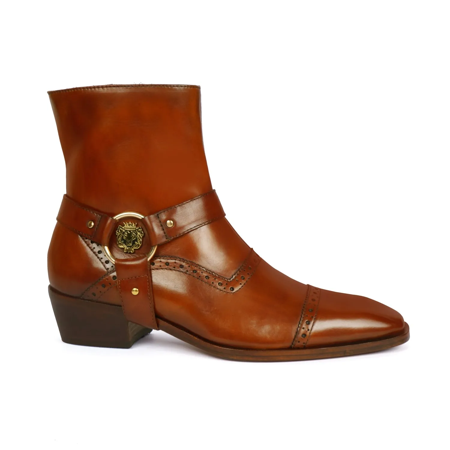 Circular Buckle Metal Lion Punching Brogue Cuban Heel With Adjustable Strap Men's Boot By Brune & Bareskin