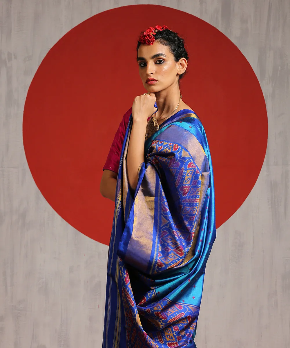 Cobalt Blue Handloom Single Ikat Patola Saree With Electric Blue Border And Pallu