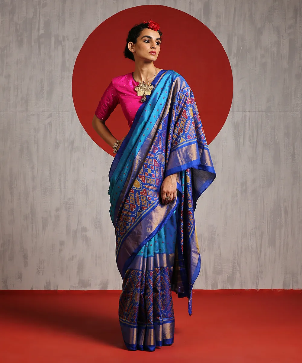 Cobalt Blue Handloom Single Ikat Patola Saree With Electric Blue Border And Pallu