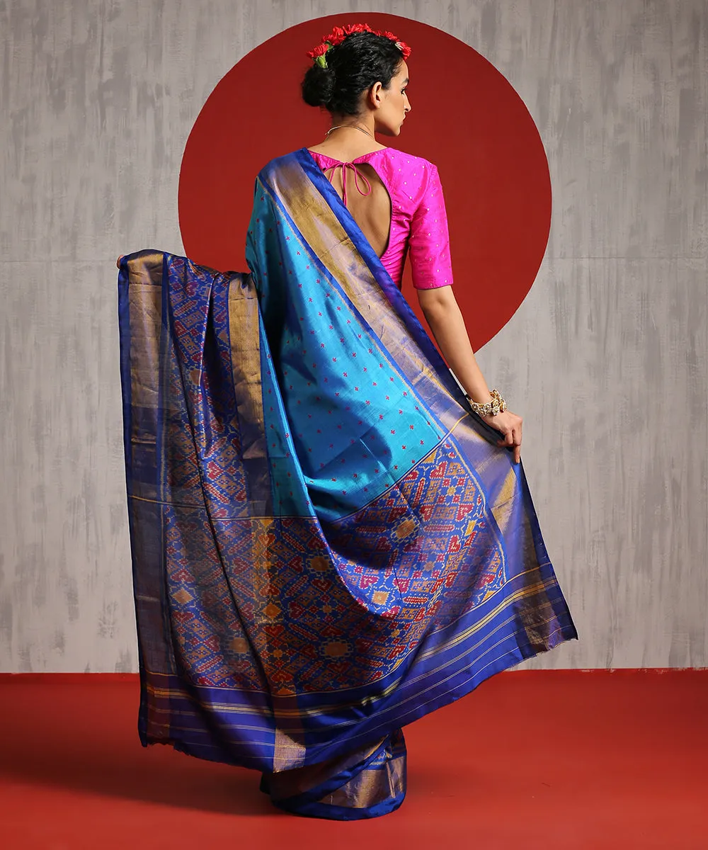 Cobalt Blue Handloom Single Ikat Patola Saree With Electric Blue Border And Pallu