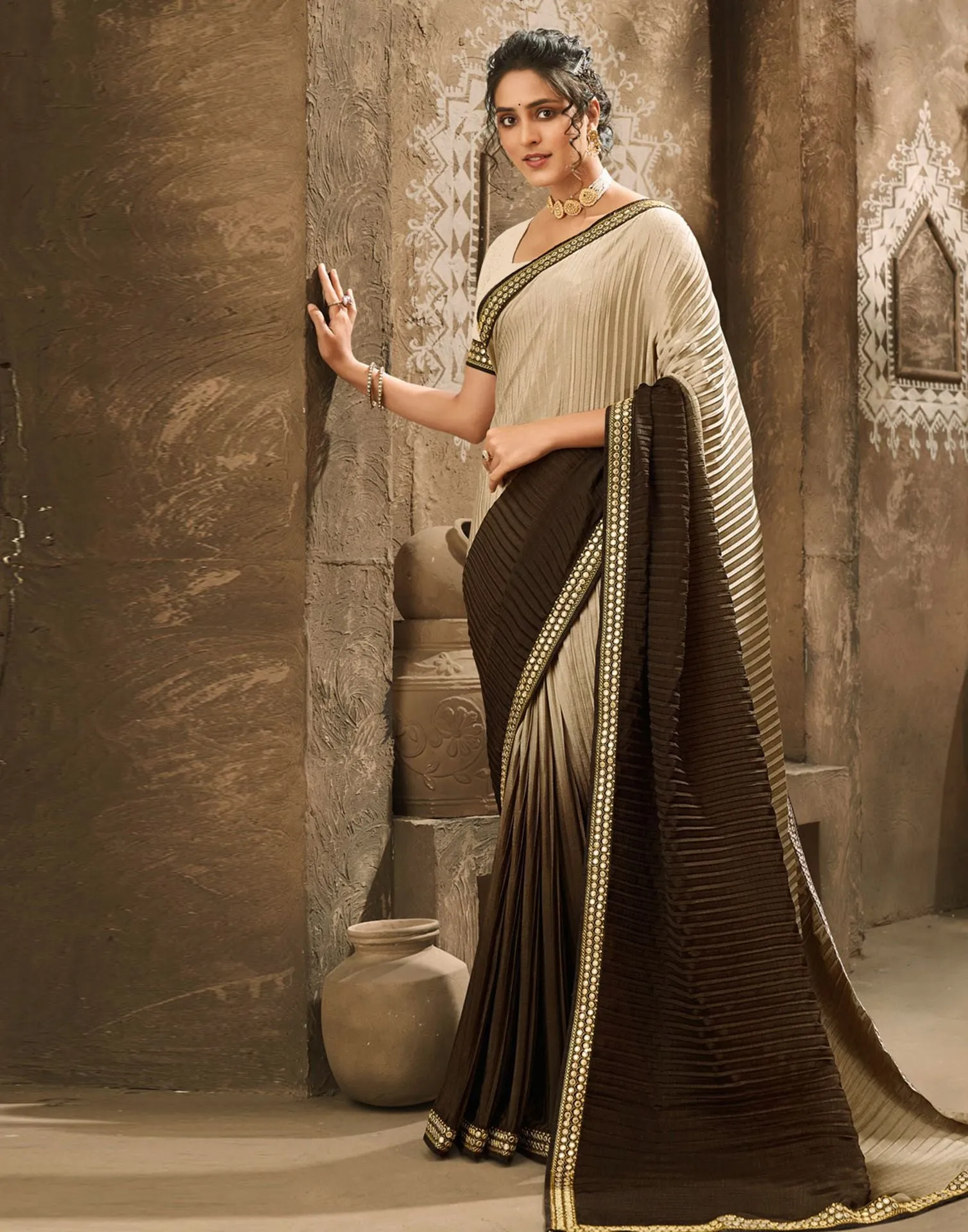 Cream Plain Saree