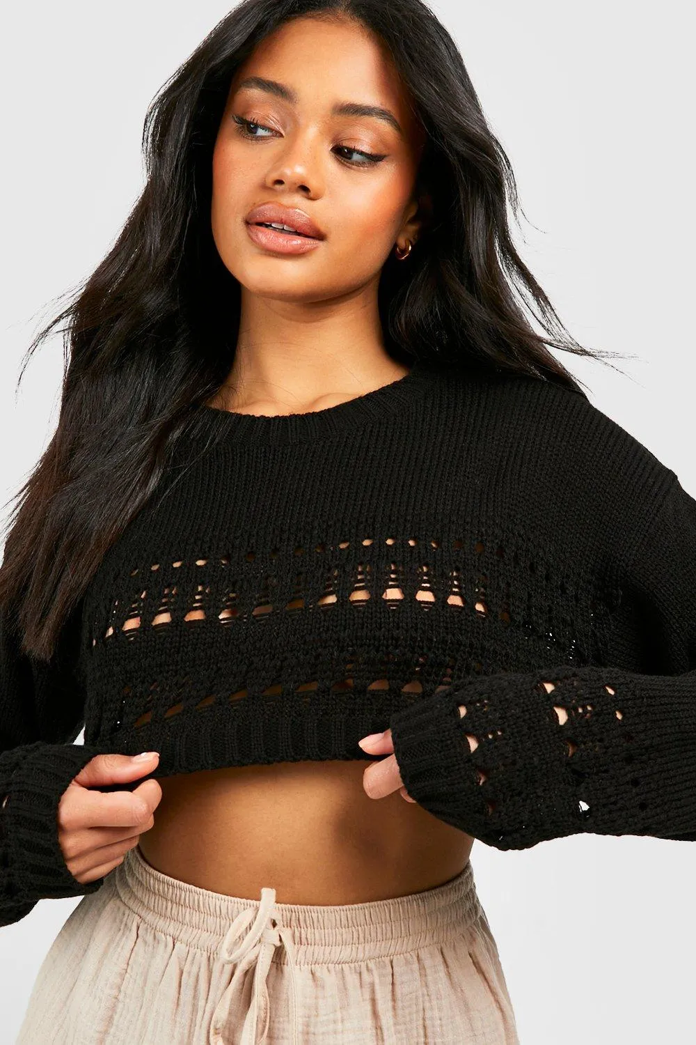 Crochet Hem Crop Sweater