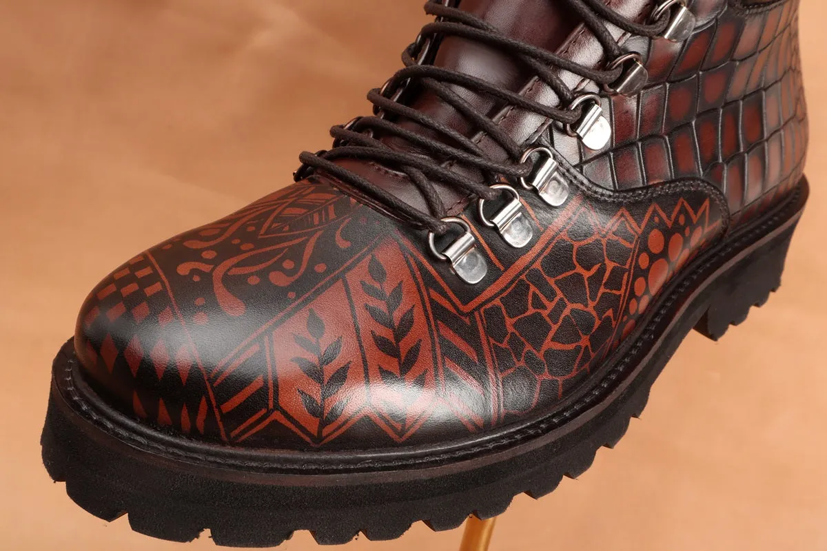 Customized Hand Painted Doodle Art Dark Brown Deep Cut Leather Light Weight Biker Boot by Brune & Bareskin