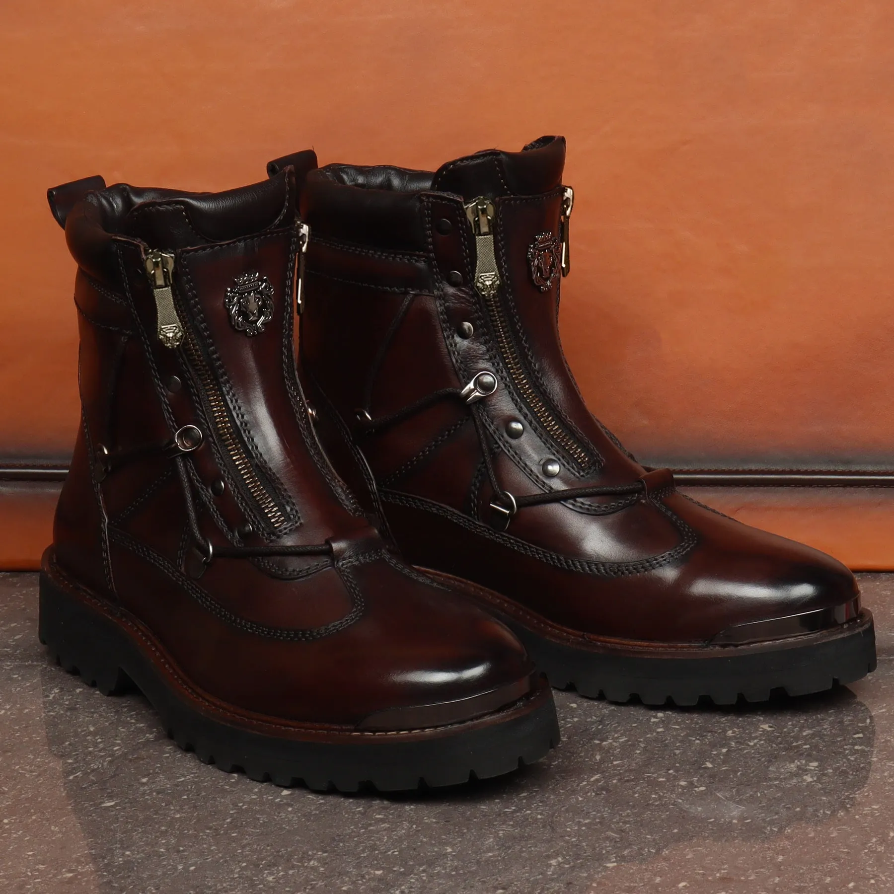 Dark Brown Chunky Boot With New Shape With Metal Plate On Toe