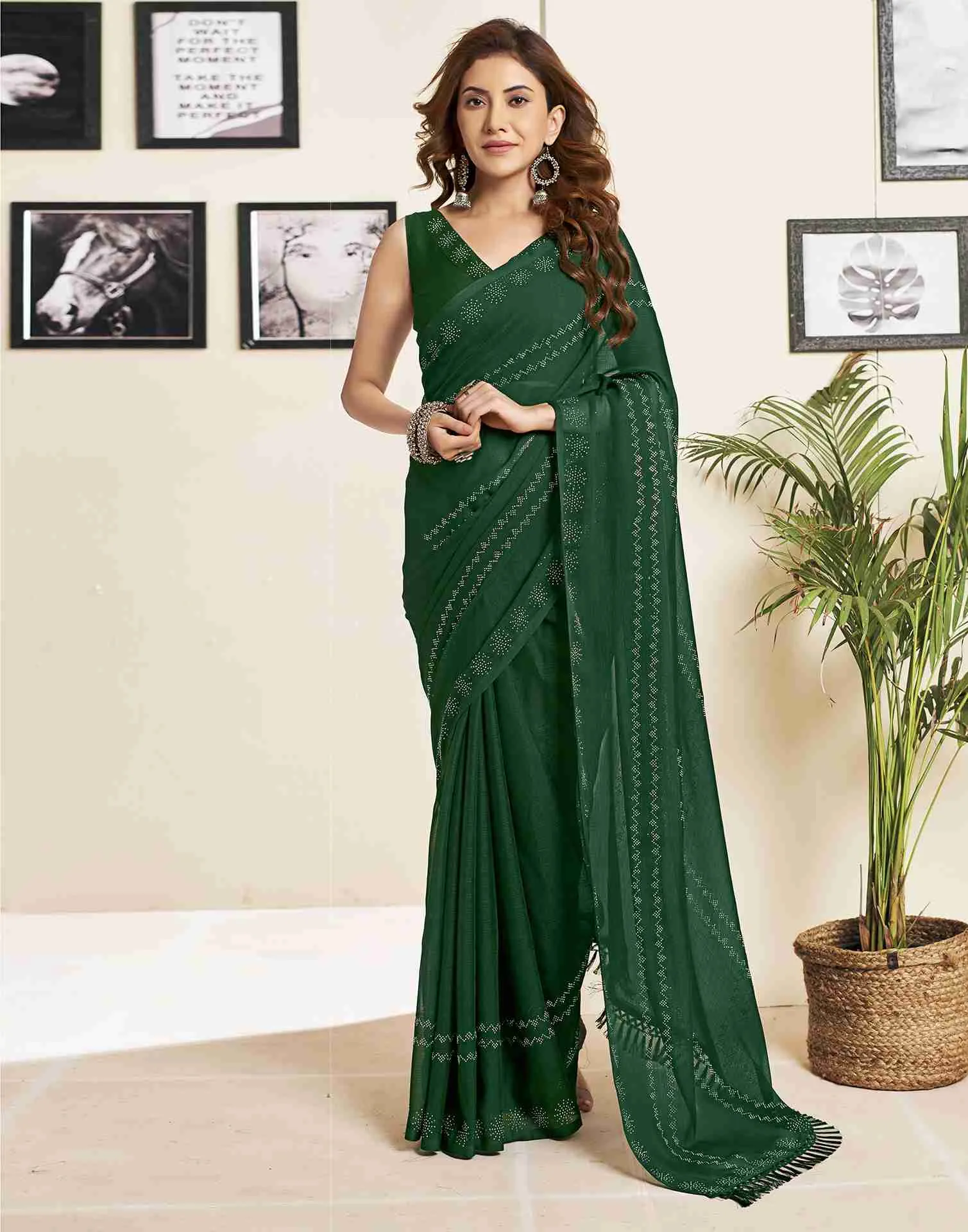 Dark Green Georgette Plain Printed Saree