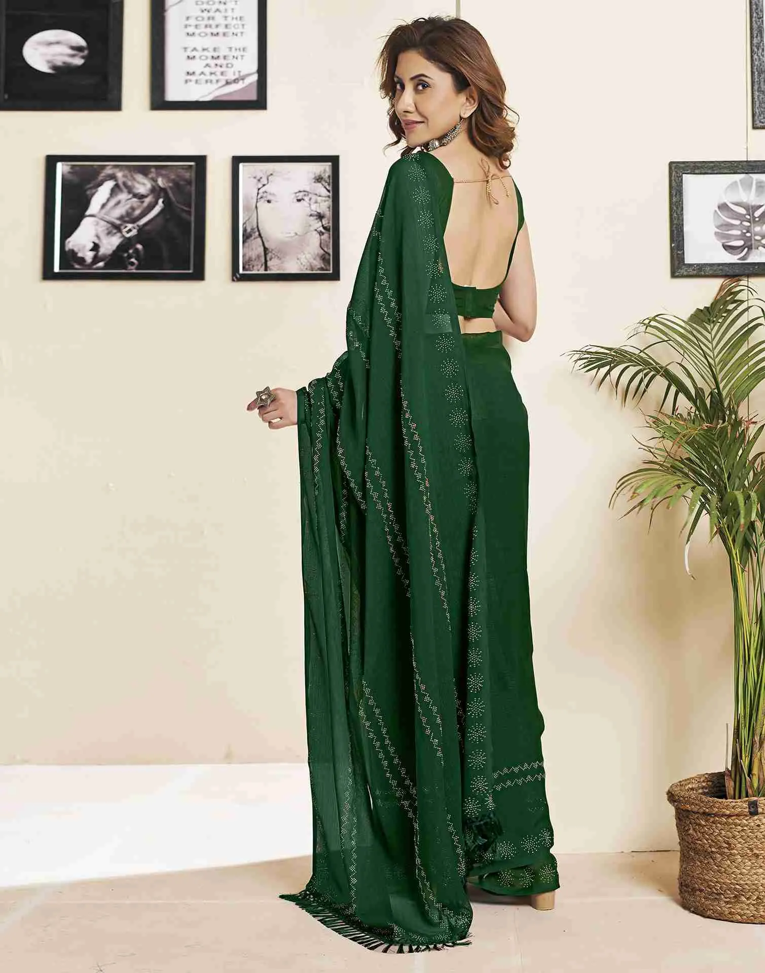 Dark Green Georgette Plain Printed Saree