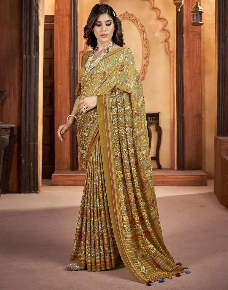 Dark Mustard Yellow Georgette Printed Sarees