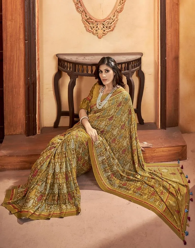 Dark Mustard Yellow Georgette Printed Sarees