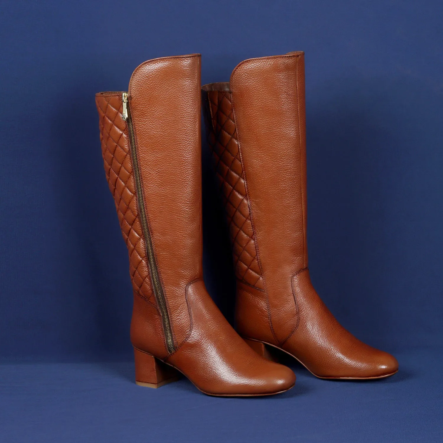 Diamond Stitching Zip Closure Blocked Heel Tan Leather Ladies Long Boot By Brune & Bareskin