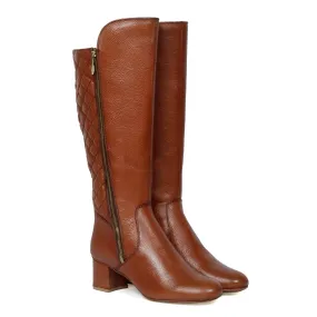 Diamond Stitching Zip Closure Blocked Heel Tan Leather Ladies Long Boot By Brune & Bareskin