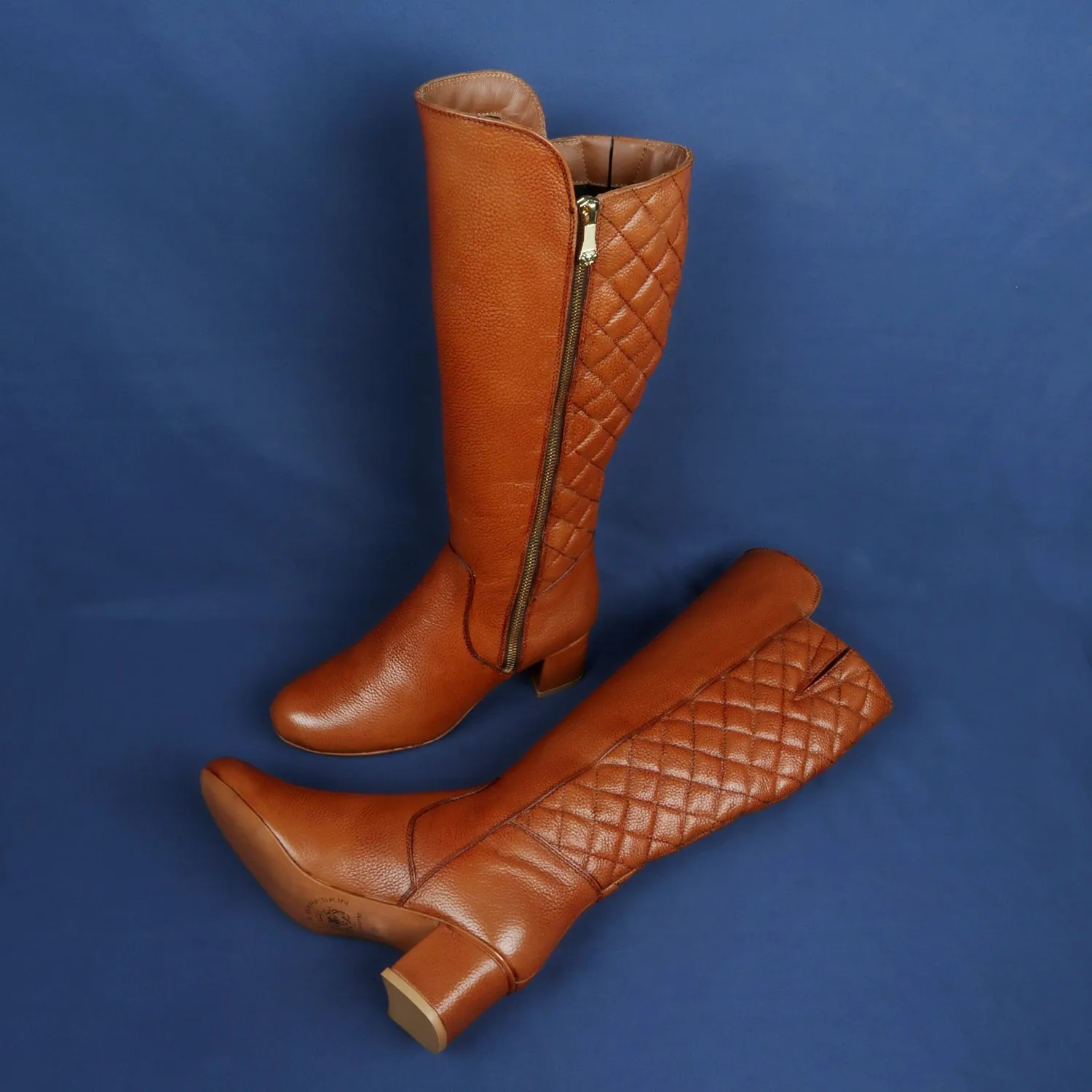 Diamond Stitching Zip Closure Blocked Heel Tan Leather Ladies Long Boot By Brune & Bareskin