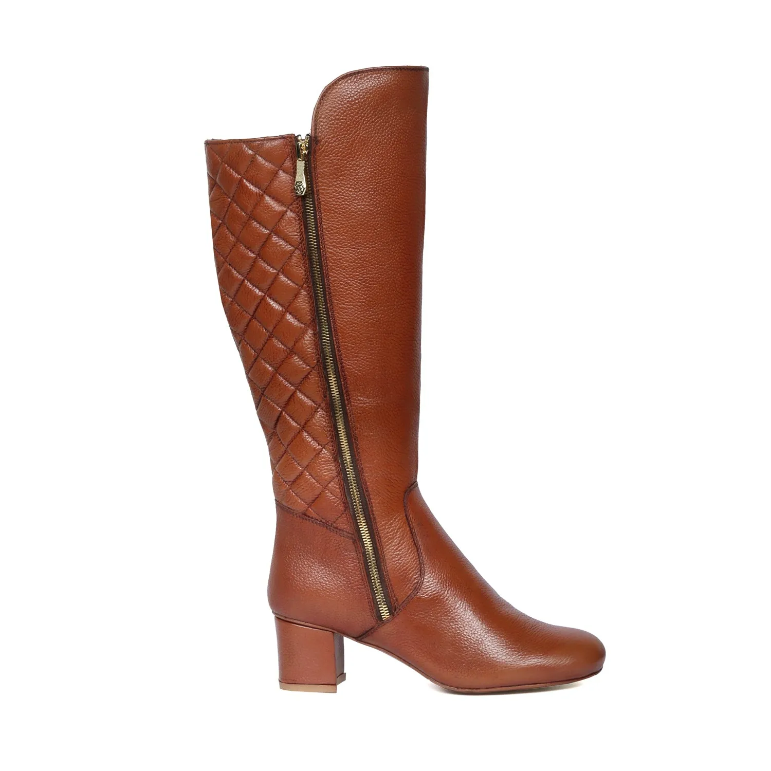 Diamond Stitching Zip Closure Blocked Heel Tan Leather Ladies Long Boot By Brune & Bareskin