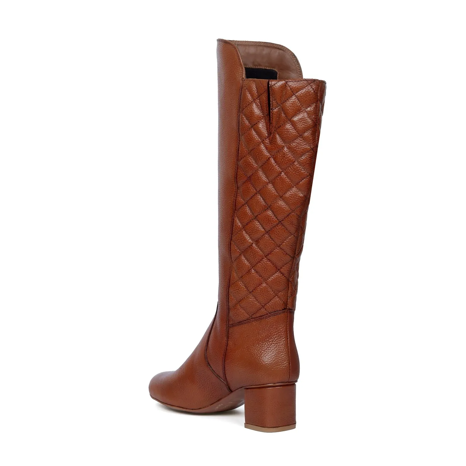 Diamond Stitching Zip Closure Blocked Heel Tan Leather Ladies Long Boot By Brune & Bareskin