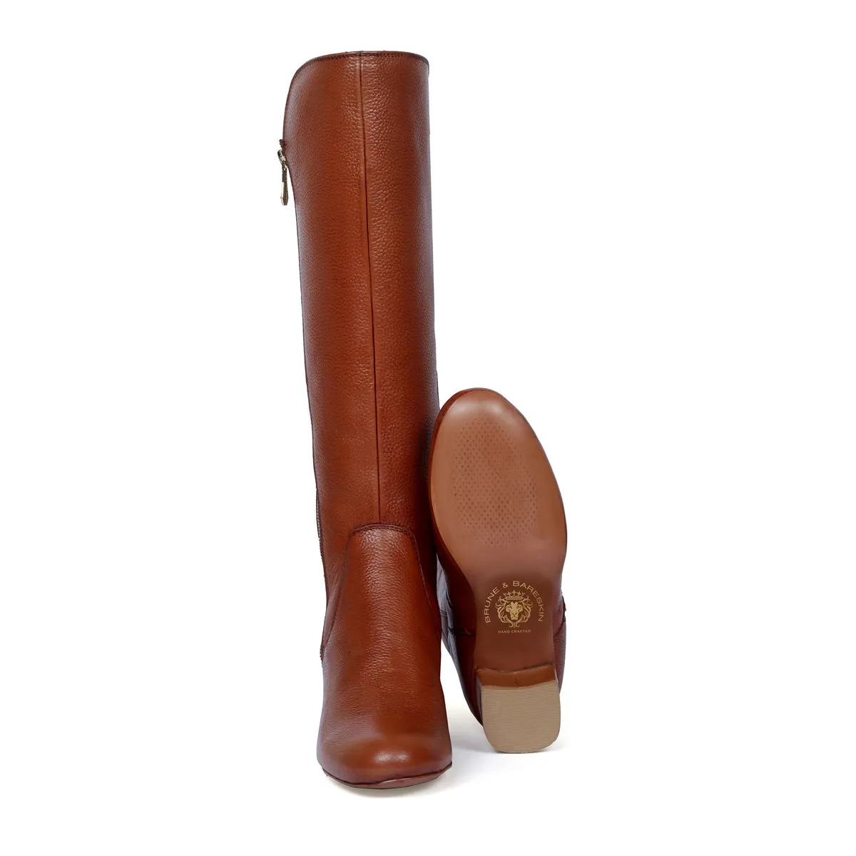 Diamond Stitching Zip Closure Blocked Heel Tan Leather Ladies Long Boot By Brune & Bareskin