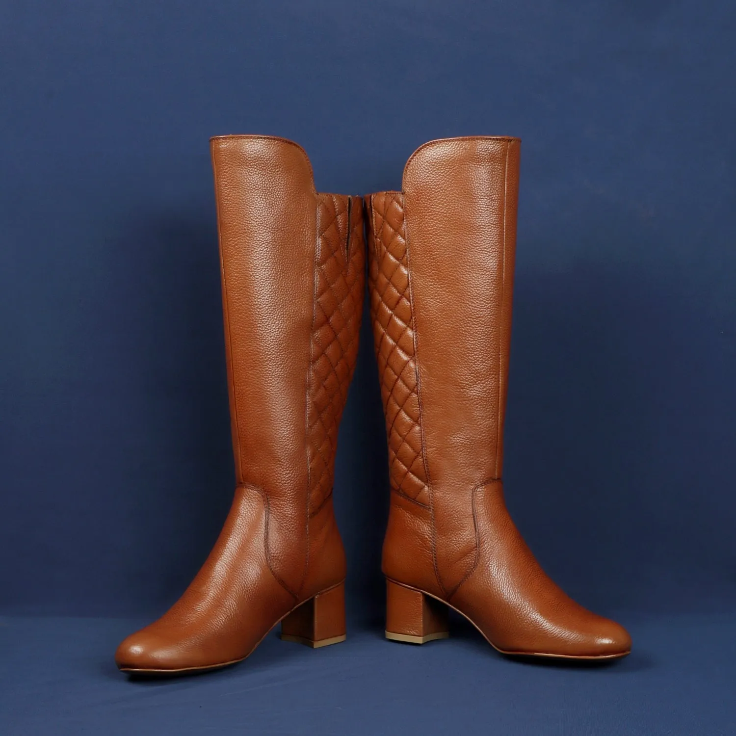 Diamond Stitching Zip Closure Blocked Heel Tan Leather Ladies Long Boot By Brune & Bareskin