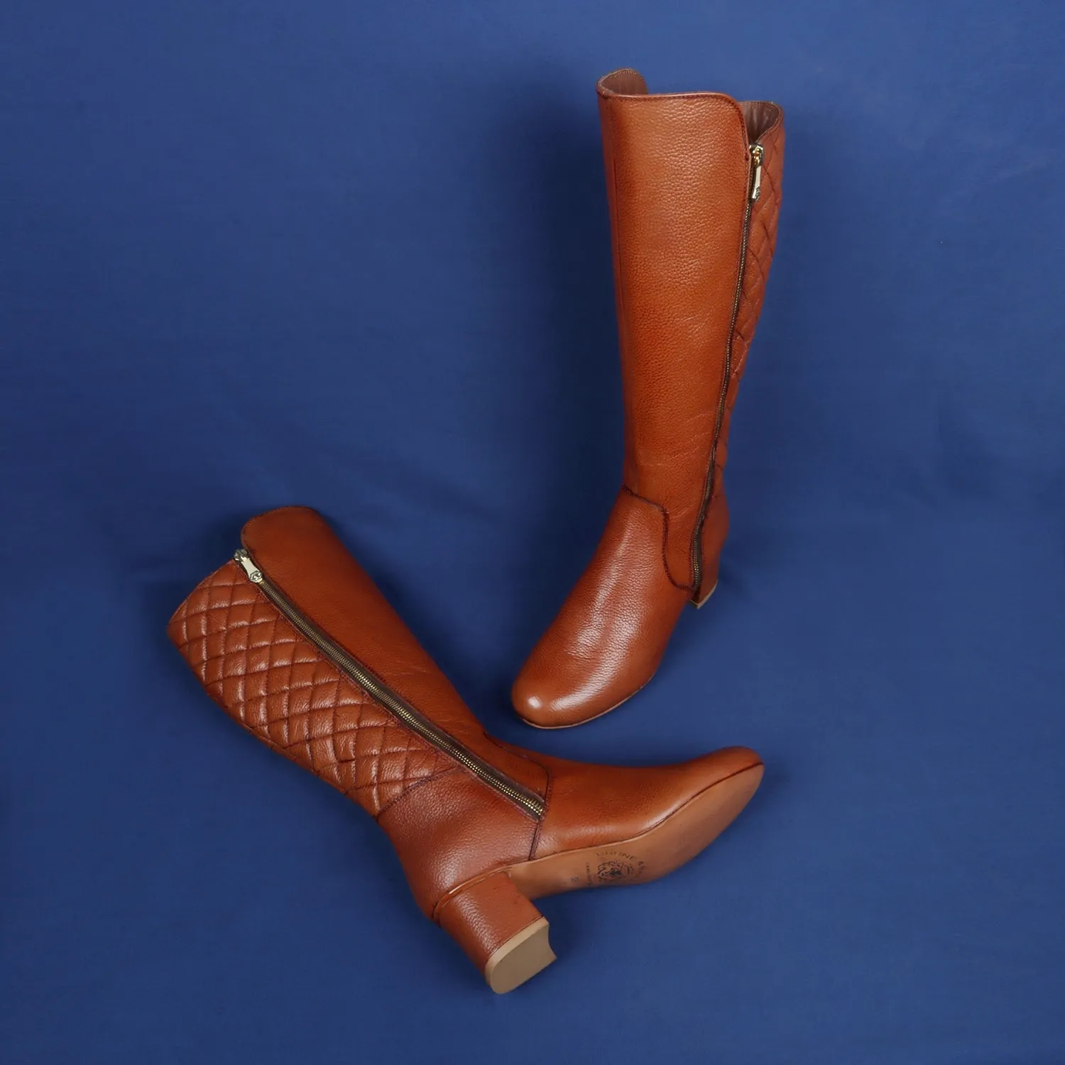 Diamond Stitching Zip Closure Blocked Heel Tan Leather Ladies Long Boot By Brune & Bareskin