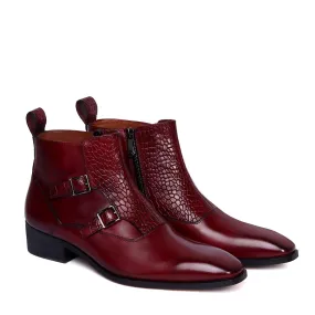 Double Monk Croco Strap Sleek Look Wine Leather Side Zipper Chelsea Boot By Brune & Bareskin