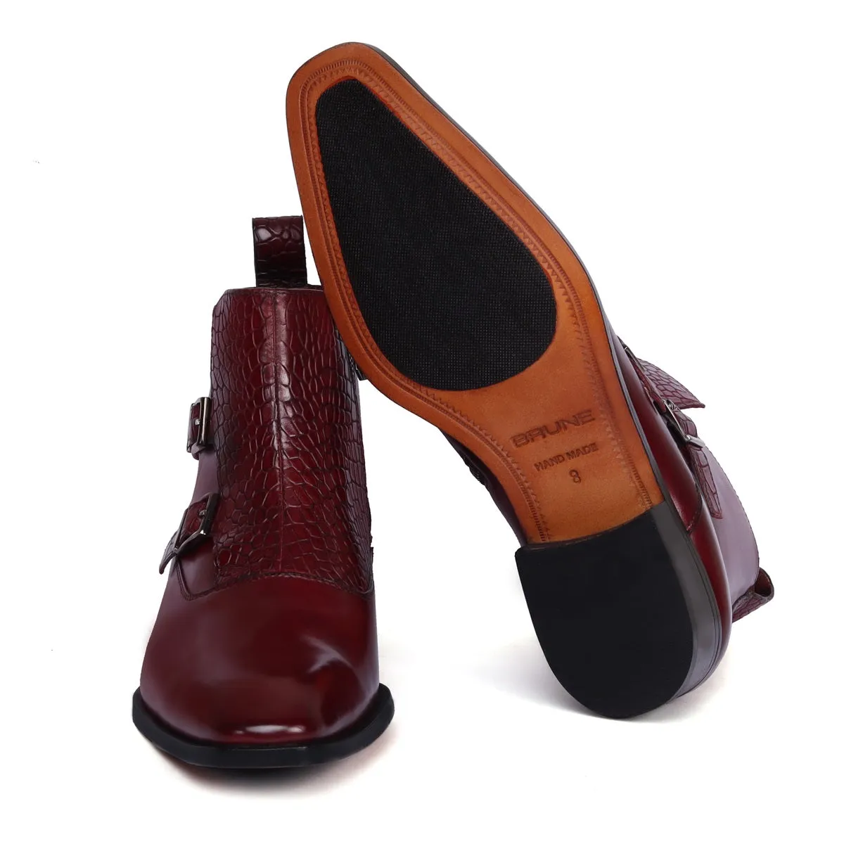 Double Monk Croco Strap Sleek Look Wine Leather Side Zipper Chelsea Boot By Brune & Bareskin