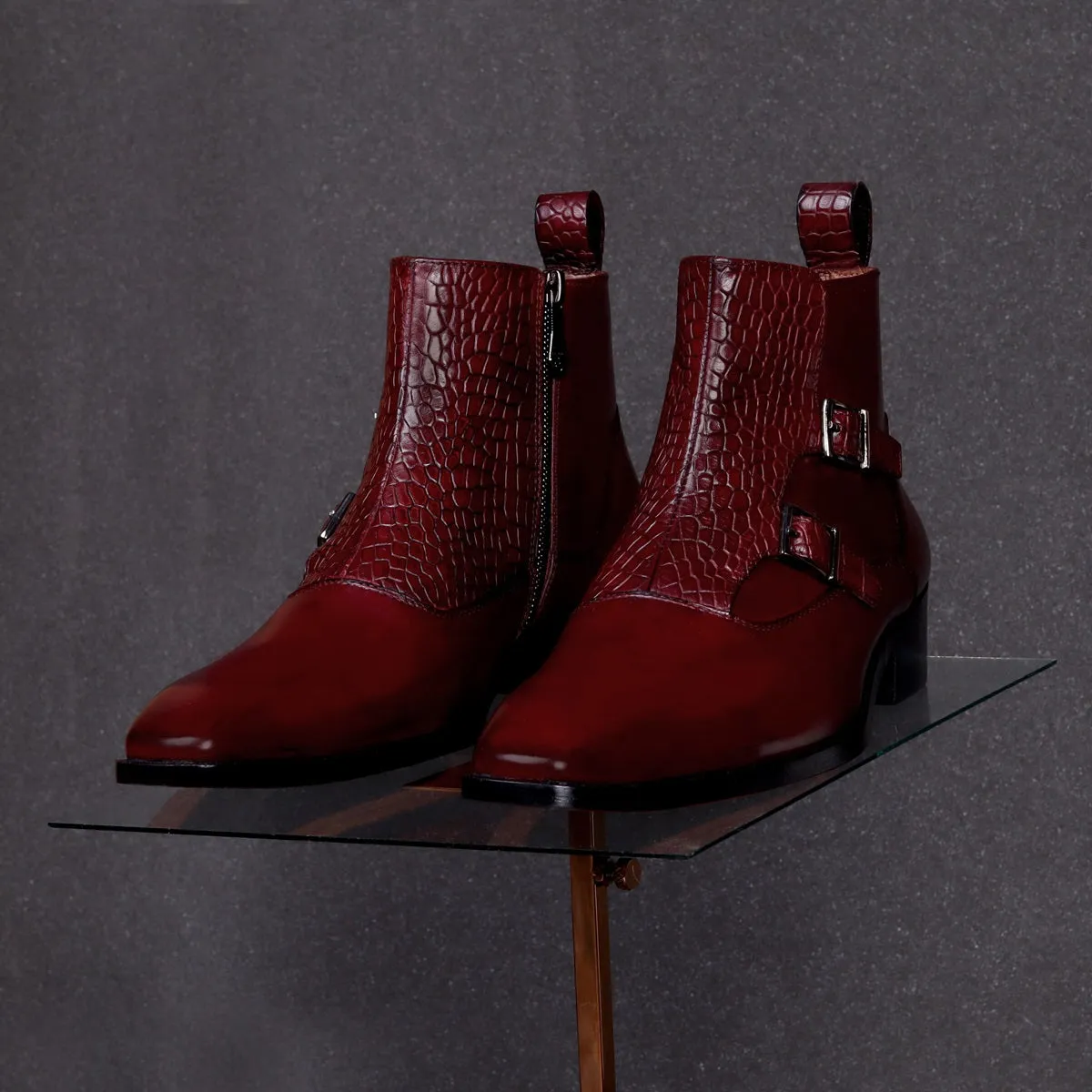 Double Monk Croco Strap Sleek Look Wine Leather Side Zipper Chelsea Boot By Brune & Bareskin