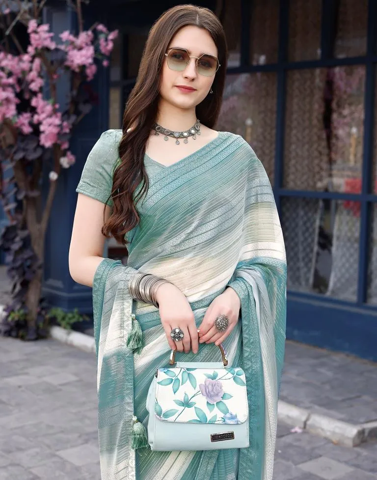 Dusty Teal Blue Georgette Printed Sarees