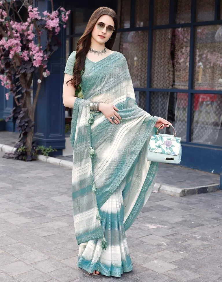 Dusty Teal Blue Georgette Printed Sarees