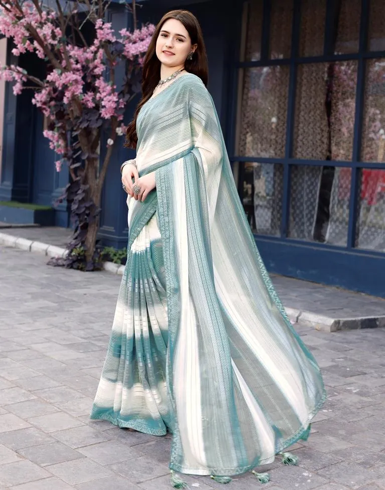 Dusty Teal Blue Georgette Printed Sarees