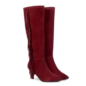 Enlongated Side Fringes Pointed Toe Wine Kitten Heel Suede Leather Knee Height Zipper Boot By Brune & Bareskin