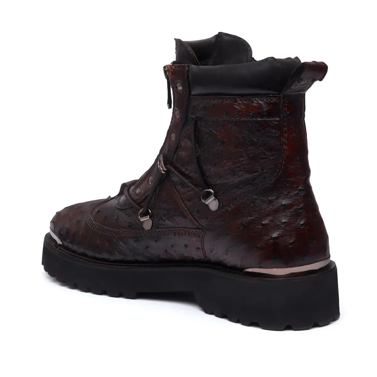 Exotic Ostrich Chunky Boot in Dark Brown Leather With Gun Metal Plate On Toe