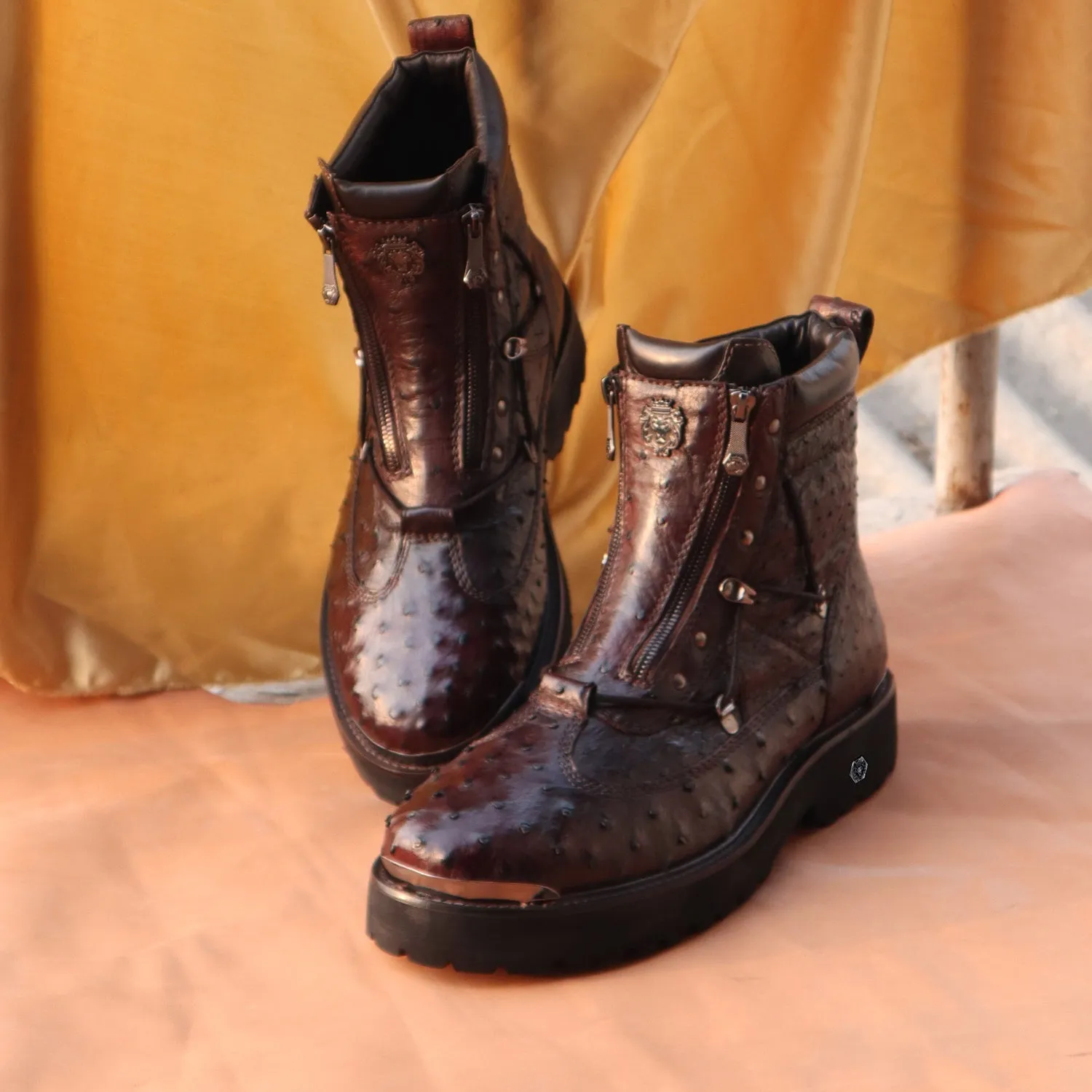 Exotic Ostrich Chunky Boot in Dark Brown Leather With Gun Metal Plate On Toe