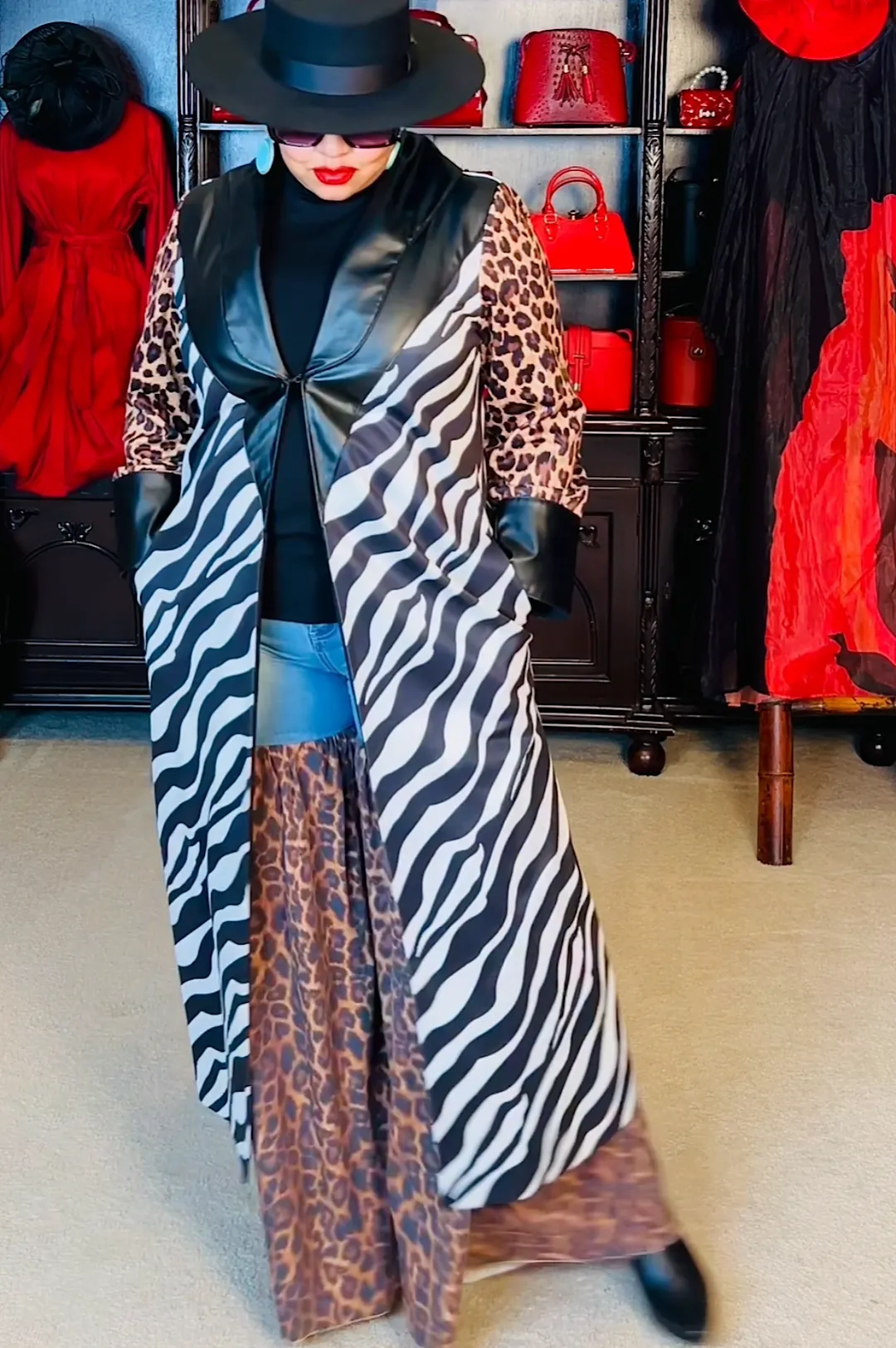 Faux Leather Animal Print Duster Jacket