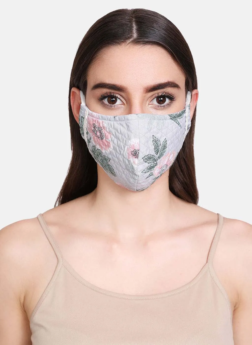 Floral Printed And Quilted 3 Layer Face Mask With Lace Detail At Side