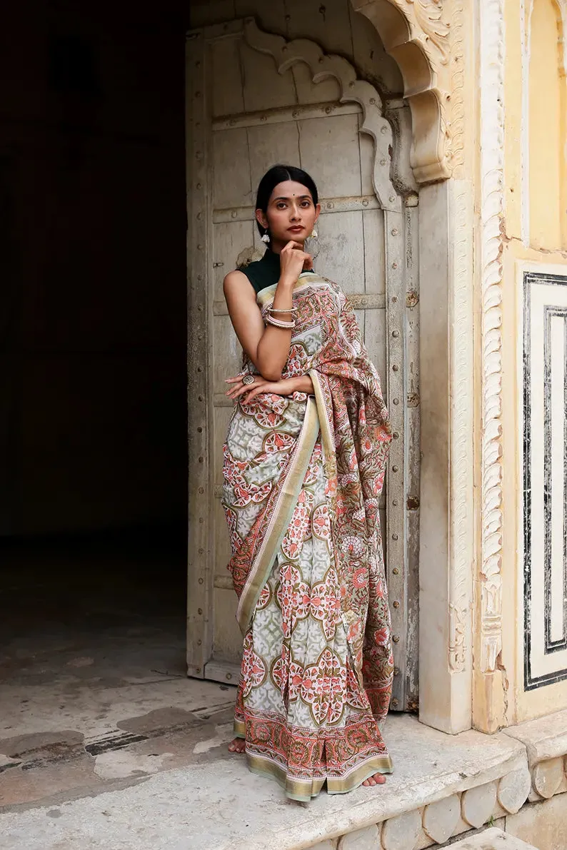 Garden of Symphony - Hand Block Print Maheshwari Silk Saree