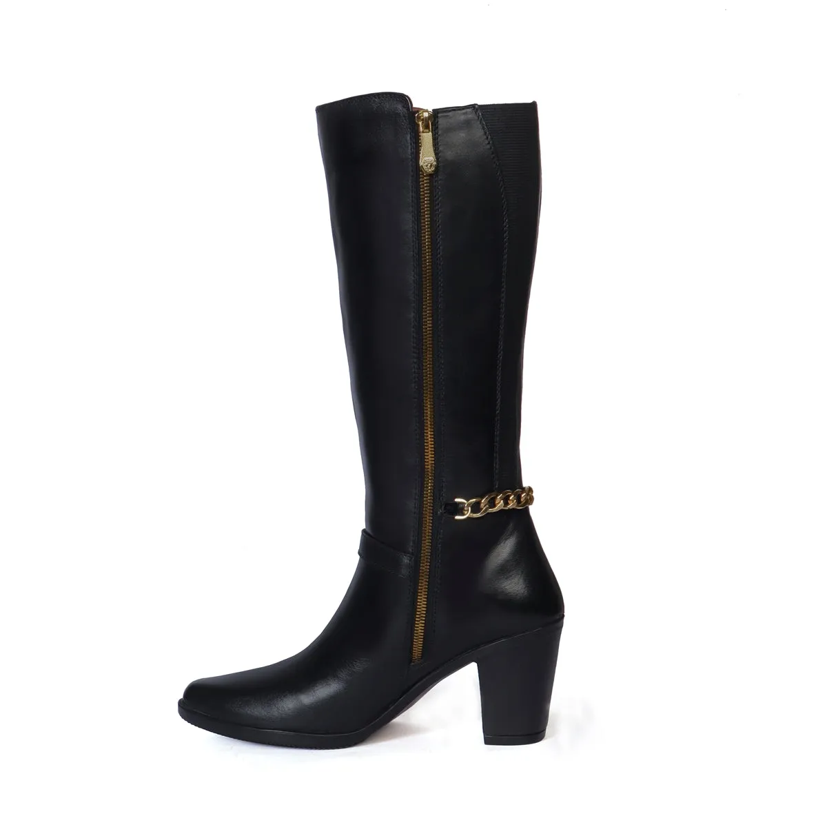 Golden Chain Embellished Knee Height Blocked Heel Zip Closure Leather Ladies Boot by Brune & Bareskin