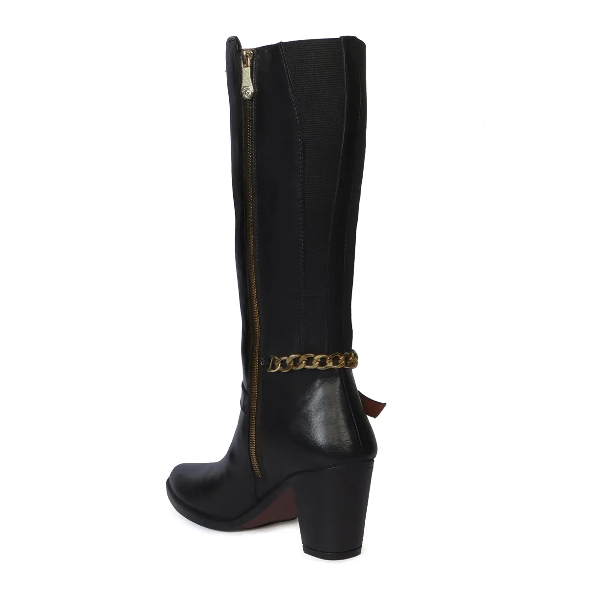 Golden Chain Embellished Knee Height Blocked Heel Zip Closure Leather Ladies Boot by Brune & Bareskin