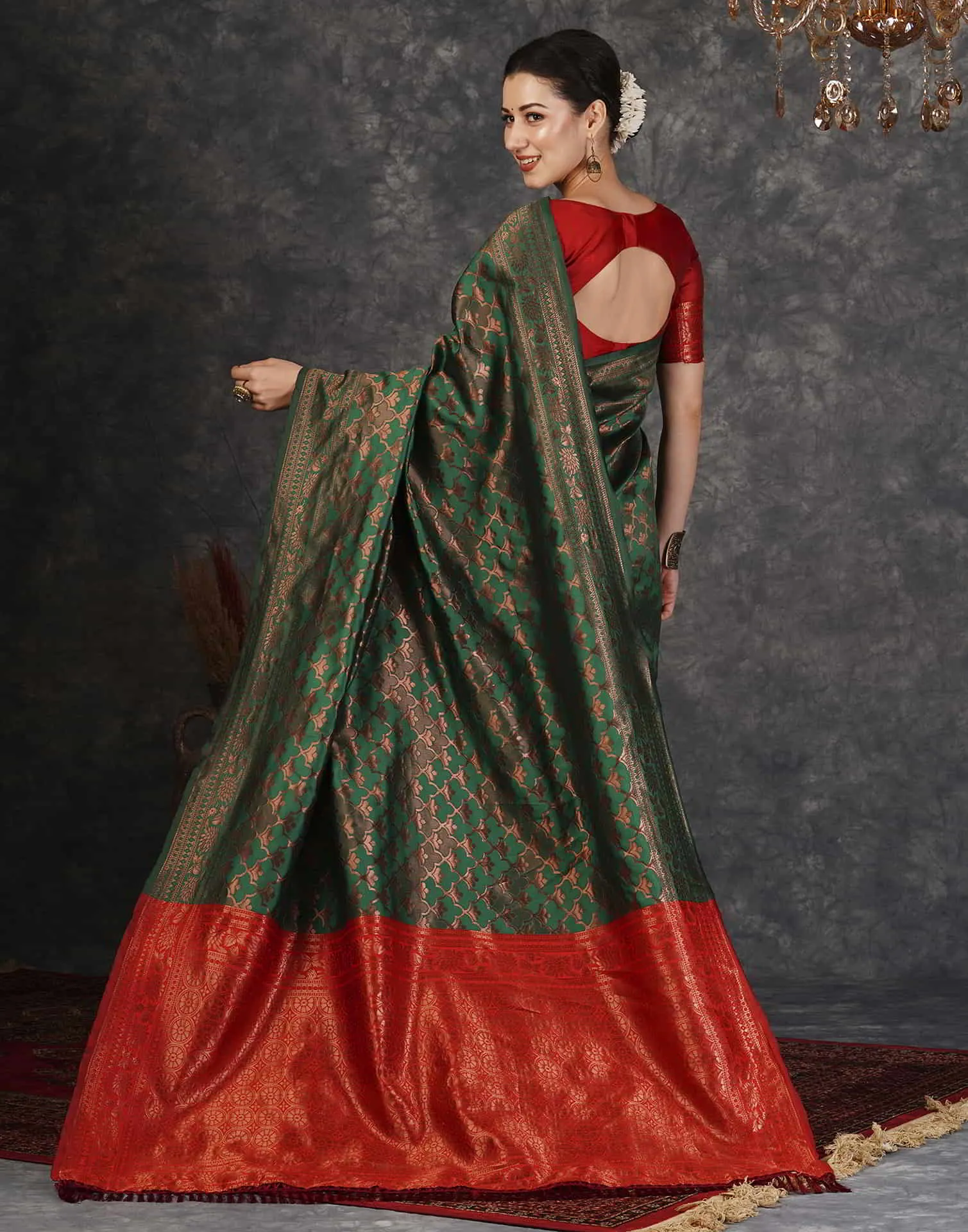 Green and Red Banarasi Silk Woven Saree