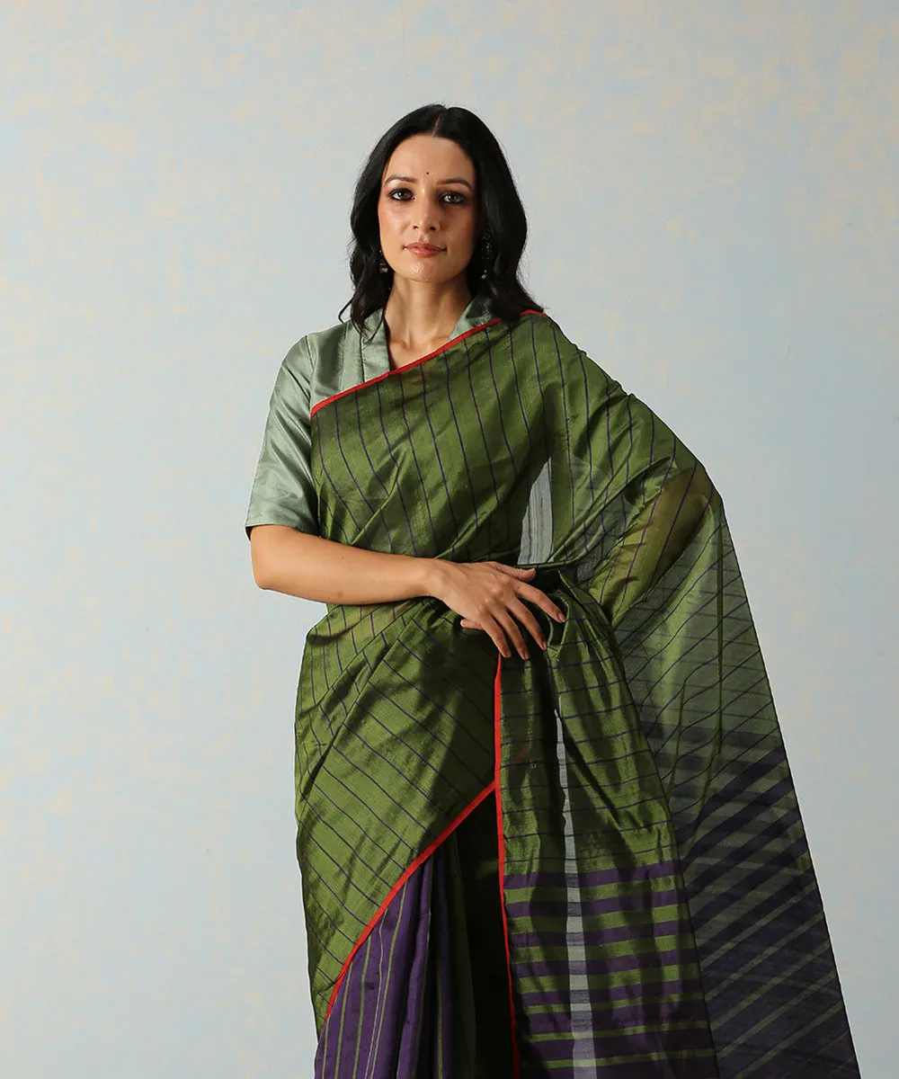 Green Handloom Eknaliya Chanderi Silk Saree With Blue Stripes