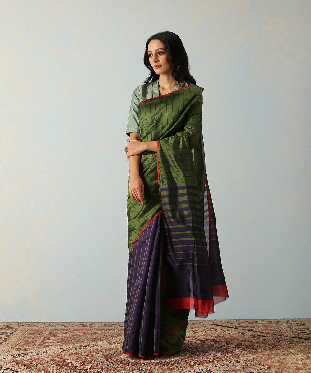 Green Handloom Eknaliya Chanderi Silk Saree With Blue Stripes