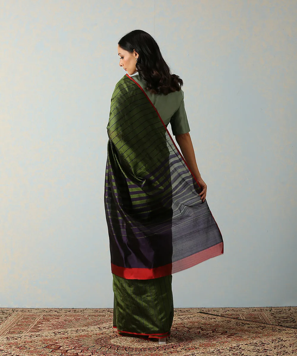 Green Handloom Eknaliya Chanderi Silk Saree With Blue Stripes