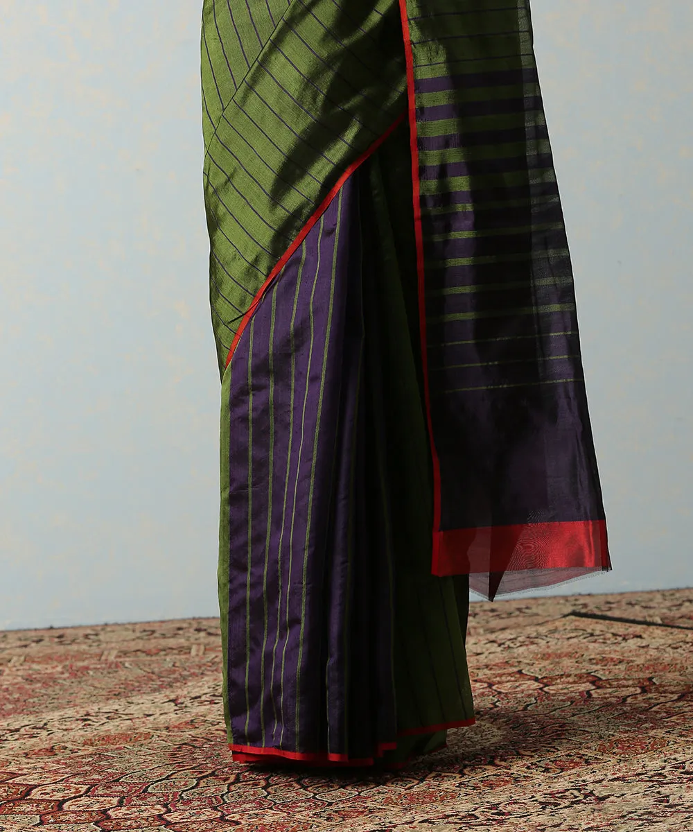 Green Handloom Eknaliya Chanderi Silk Saree With Blue Stripes