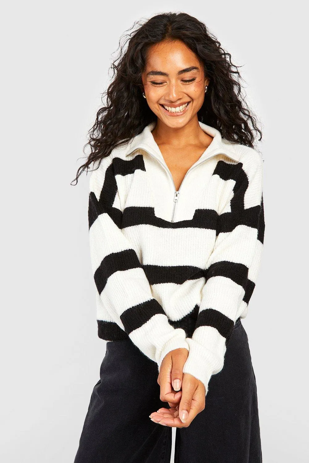 Half Zip Funnel Neck Stripe Sweater