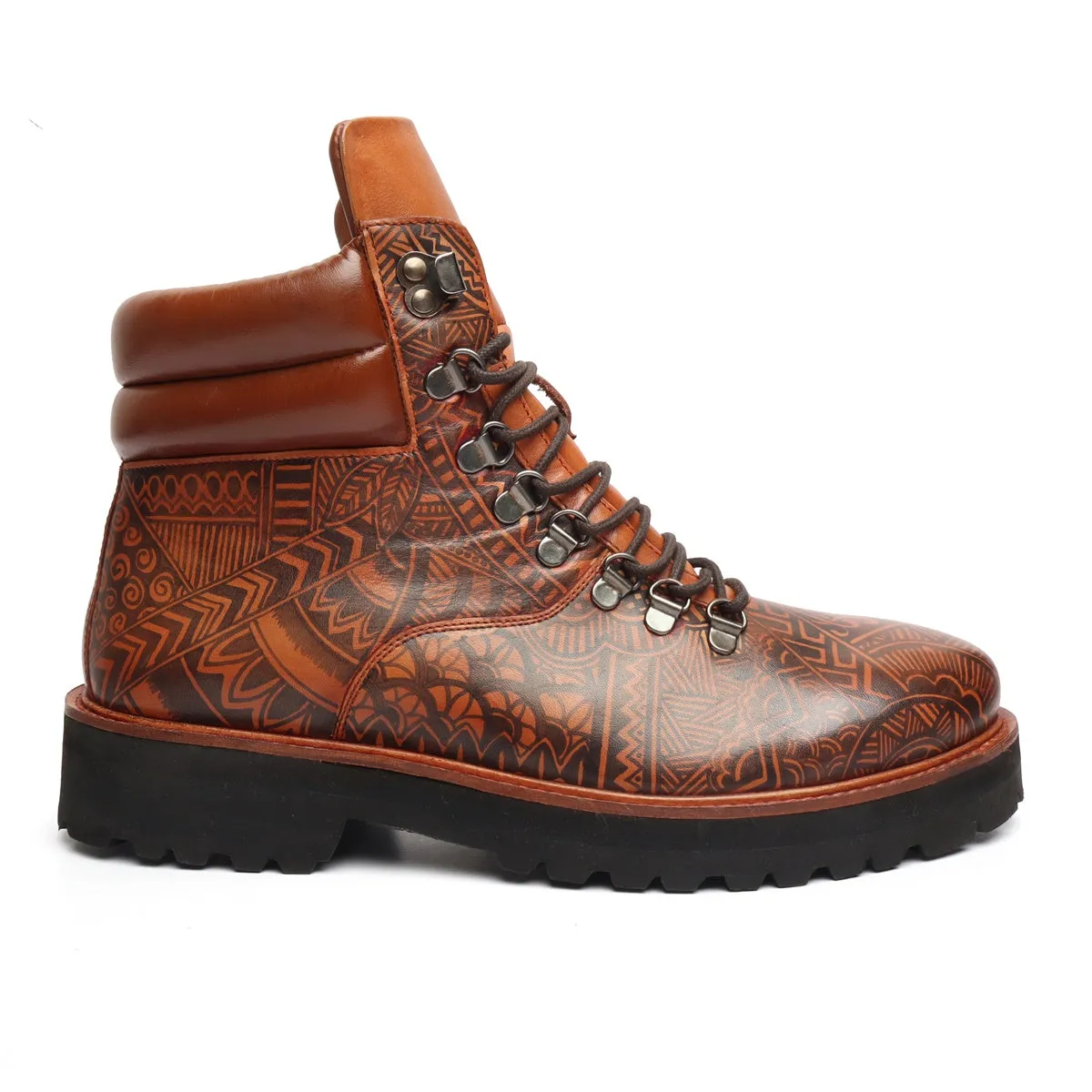 Hand Painted Doodle Art Tan Leather Light Weight Biker Boot for Men