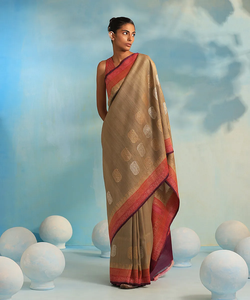 Handloom Beige Pure Tussar Georgette Banarasi Saree With Alfi Sona Rupa Booti