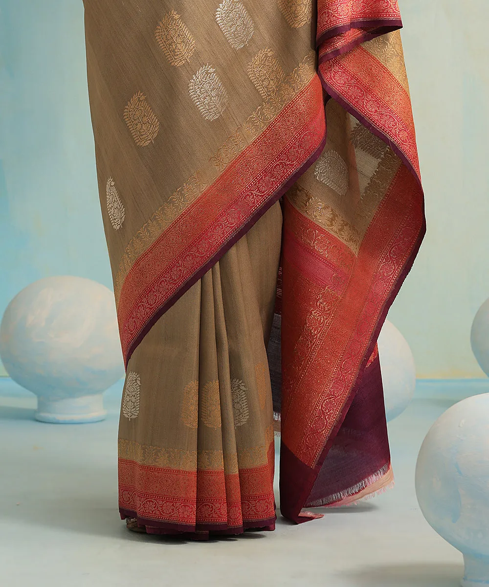 Handloom Beige Pure Tussar Georgette Banarasi Saree With Alfi Sona Rupa Booti