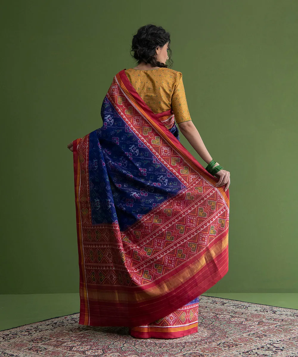 Handloom Blue And Red Ikat Weft Dye 8 Ply Mulberry Silk Patola Saree