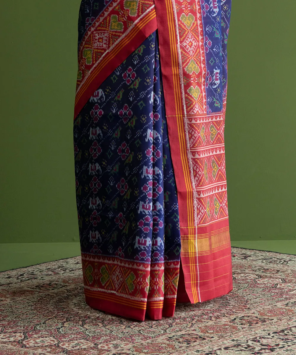 Handloom Blue And Red Ikat Weft Dye 8 Ply Mulberry Silk Patola Saree